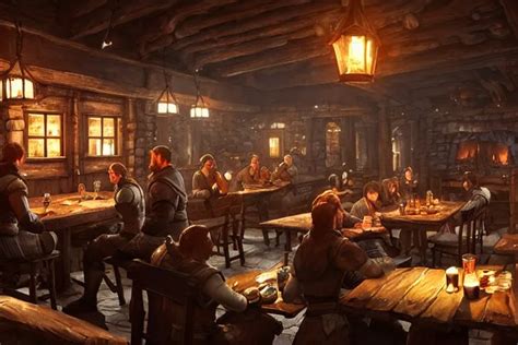 interior of a cozy skyrim tavern. food and beers on | Stable Diffusion