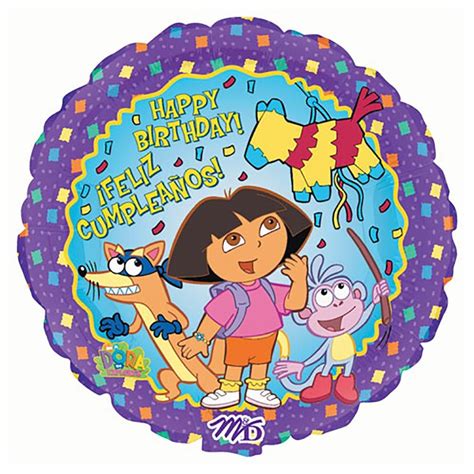 a purple foil balloon with an image of dora and friends on it