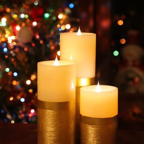 Set of 3 Dancing Flame Remote Control Led Pillar Candle With Timer,Gold ...