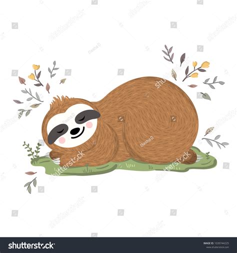 Cute Baby Sloth Sleeping On Grass Stock Vector (Royalty Free ...