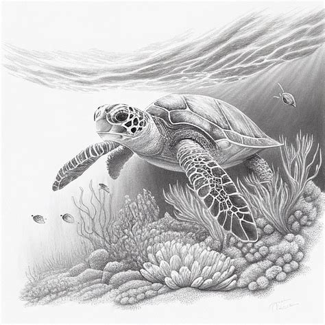 Realistic Sketch of a Majestic Sea Turtle Swimming Over a Coral Reef - Etsy