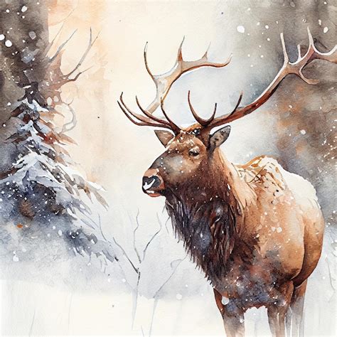 Premium Photo | A watercolor painting of a elk in the snow