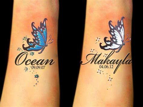 Wrist tattoo with girls names and birthstone butterflies | Butterfly ...