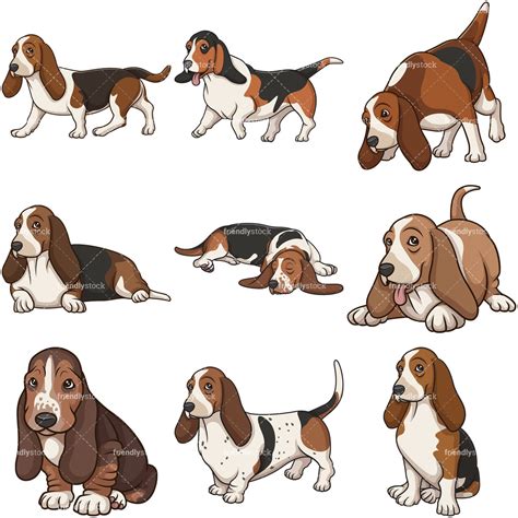 Cartoon Basset Hound Dogs Clipart Vector Collection - FriendlyStock