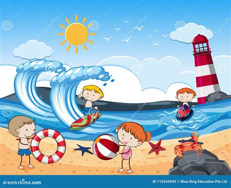 Kids with Beach Activities in Sunny Day Stock Vector - Illustration of ...