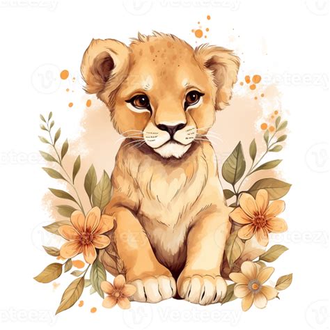 Lion Cub Floral Watercolor Art, 23957792 PNG