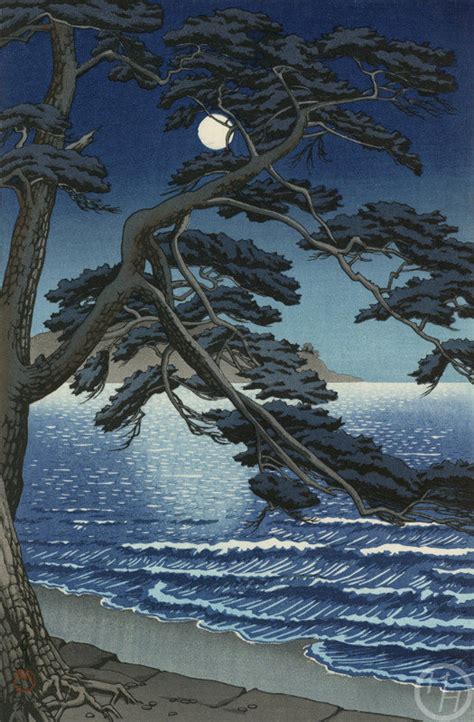 Japanese Art Print "Moon at Enoshima Beach" by Kawase Hasui, woodblock ...