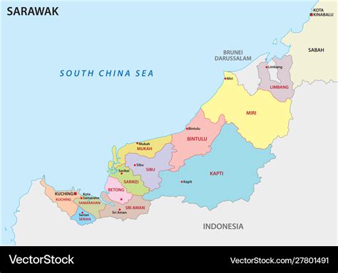 Administrative map sarawak malaysia Royalty Free Vector