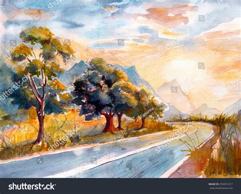 Picturesque Trees Near Road Watercolor Painting Stock Illustration ...