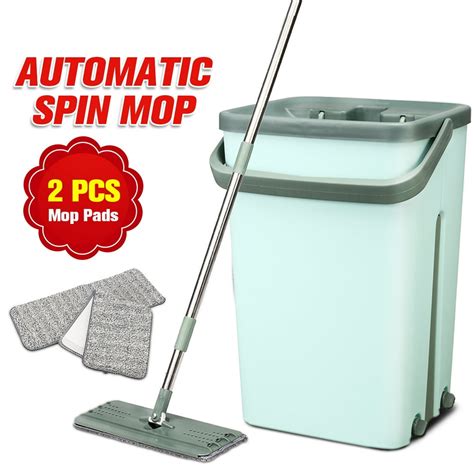 Microfiber Flat Mop with Bucket, Cleaning Squeeze Hand Free Floor Mop ...