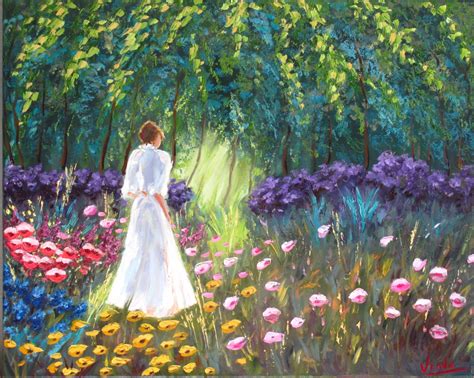 Original Oil Painting Walk in the Lush Garden Summer Landscape Mothers ...