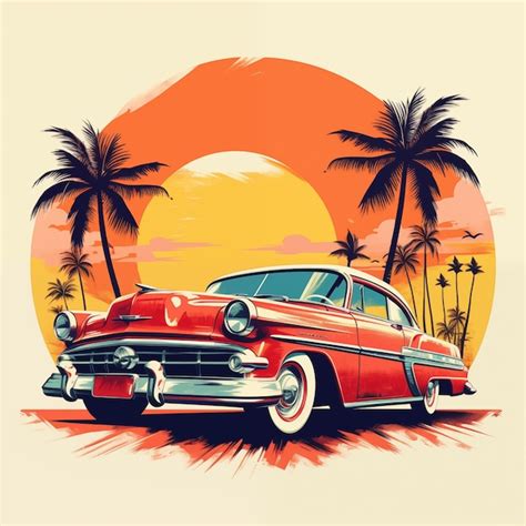 Premium Photo | A vintage retro aesthetic a retro red car with a palm tree