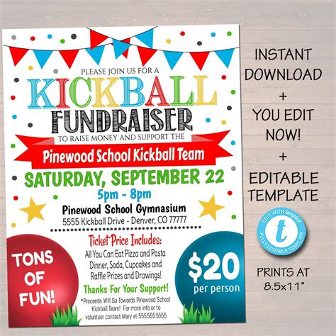 Kickball Fundraiser Flyer, Printable PTA PTO Flyer, School Benefit ...