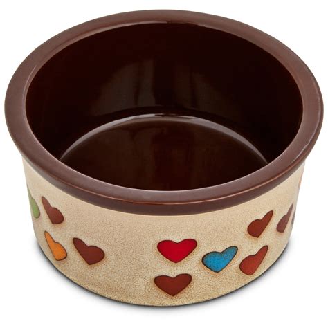 Harmony Heart Print Brown Ceramic Dog Bowl, 3 Cup, Medium, Multi-Color ...