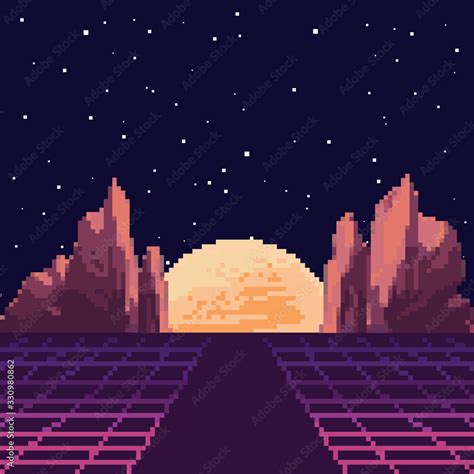 Vector pixel art of 80s Retro sci-Fi background. Synthwave, Vaporwave ...