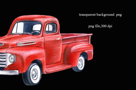 Red Truck Clipart, Vintage Pick Up, Watercolor, Hand Painted PNG By ...