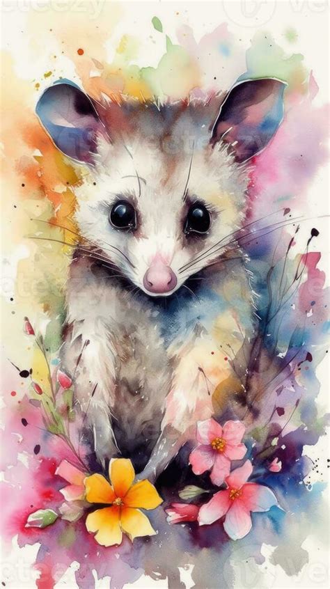 Colorful Flower Field with Engaging Baby Possum Watercolor Painting ...