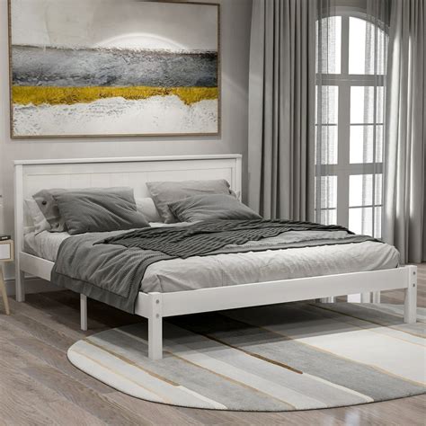 EUROCO Queen Platform Bed Wood Frame With Headboard And Slat Support ...