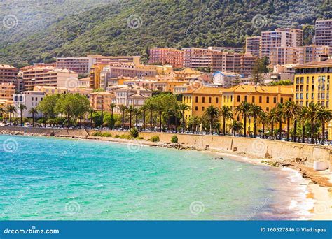 Ajaccio Public Beach with Tourists at Sunny Day. Summer Landscape of ...