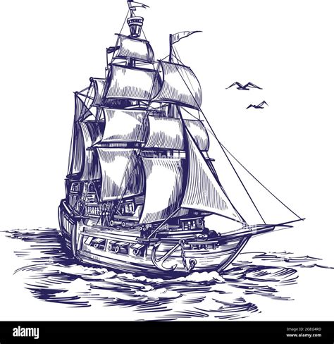 retro old Ship vintage hand drawn vector illustration realistic sketch ...