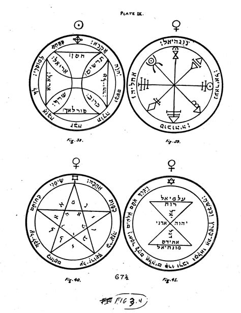 Illustrated page from the Key of Solomon depicting four pentacles ...