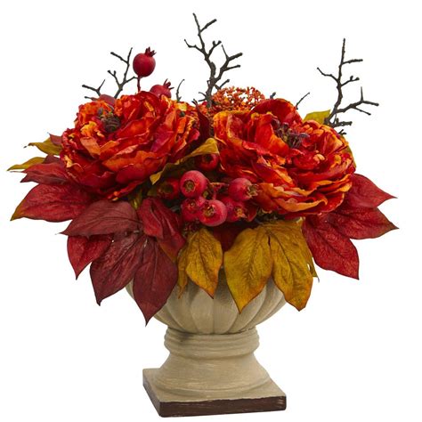 Nearly Natural 15 in. Peony and Sedum Artificial Arrangement-4174 - The ...