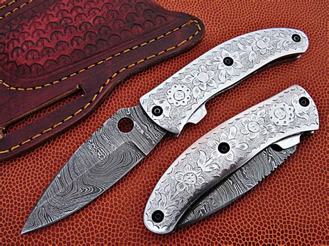 Handmade Damascus Folding Knife Silver Engraved Pocket knive