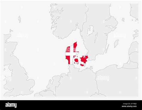 Denmark map highlighted in Denmark flag colors, gray map with ...