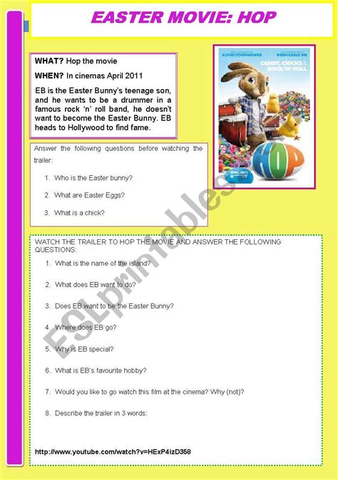 Hop the Movie trailer worksheet - ESL worksheet by jayne2010