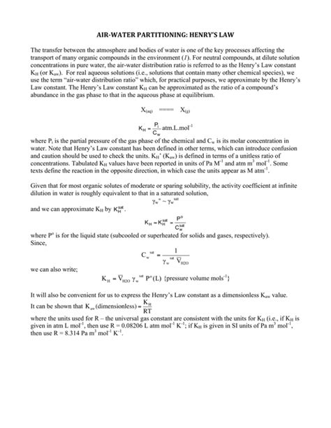 AIR‐WATER PARTITIONING: HENRY`S LAW