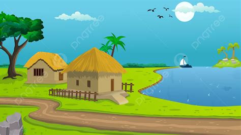 Village Cartoon Background Illustration With Cow Cottage Lake Trees And ...