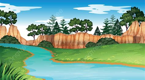 River Scene With Cliffs In Background River Nature Cartoon Vector ...