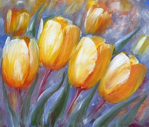 Yellow Tulips Garden. Oil Painting on Canvas Stock Photo - Image of ...