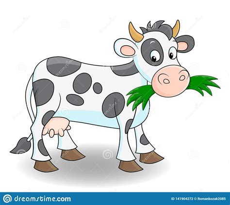 Illustration about Cute cartoon cow eating green grass. Illustration of ...