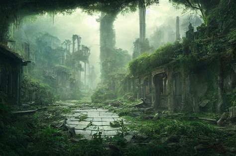 Premium Photo | Abandoned ruin building in forest 3d illustration