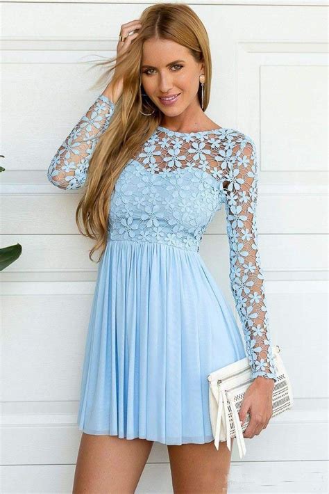 Light Sky Blue Sheer Long Sleeves Homecoming Cocktail Dresses Short ...