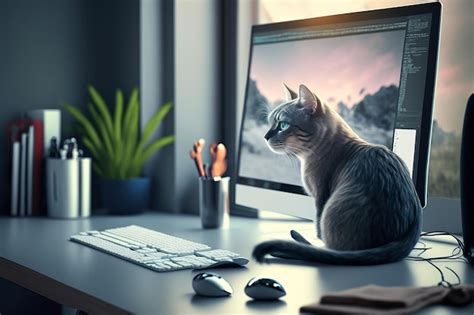 Premium AI Image | A cat sits on a desk in front of a computer screen ...