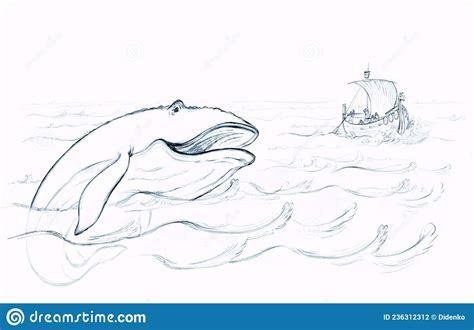 Peoples and Blue Whale. Pencil Drawing Stock Illustration ...