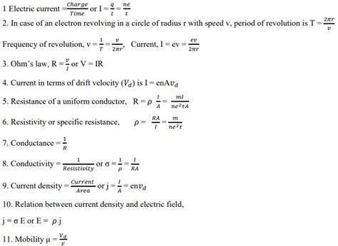 CBSE Class 12 Physics Formulae Current Electricity Notes