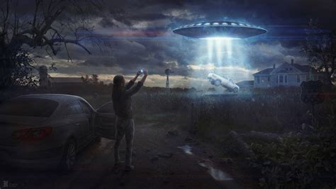 alien abduction, car, UFO, digital art, clouds, rural, science fiction ...