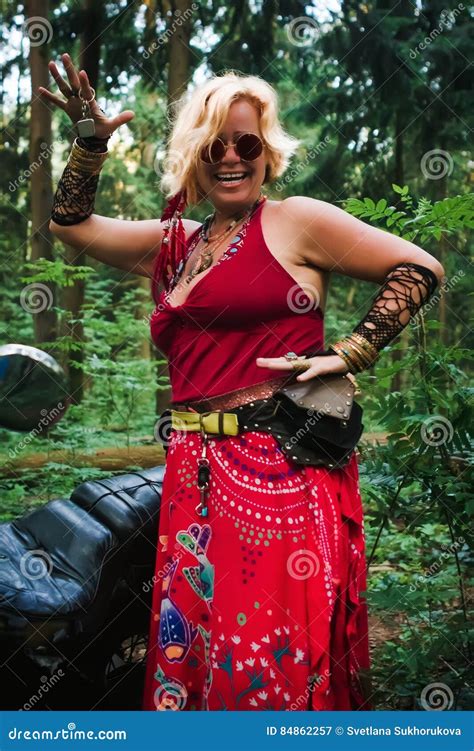 Mature Woman Biker in Hippie Style Stock Image - Image of clothing ...