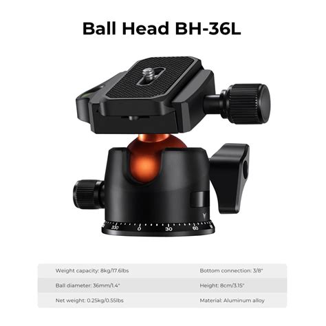 64"/1.63m Lightweight Travel Tripod with 36mm Ball Head Load Capacity ...