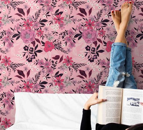 Trendy pink floral pattern Nature wallpaper - TenStickers