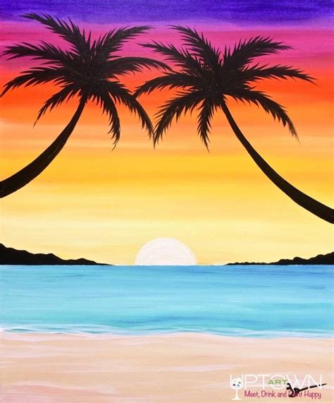 Palms By The Beach #Beachsunsetdrawing | Sunset canvas painting, Beach ...