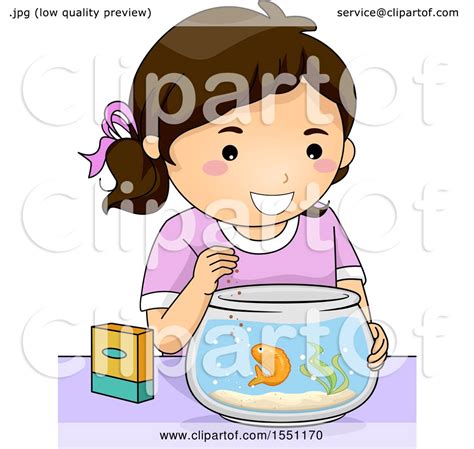 Clipart of a Happy Girl Feeding Her Pet Gold Fish - Royalty Free Vector ...