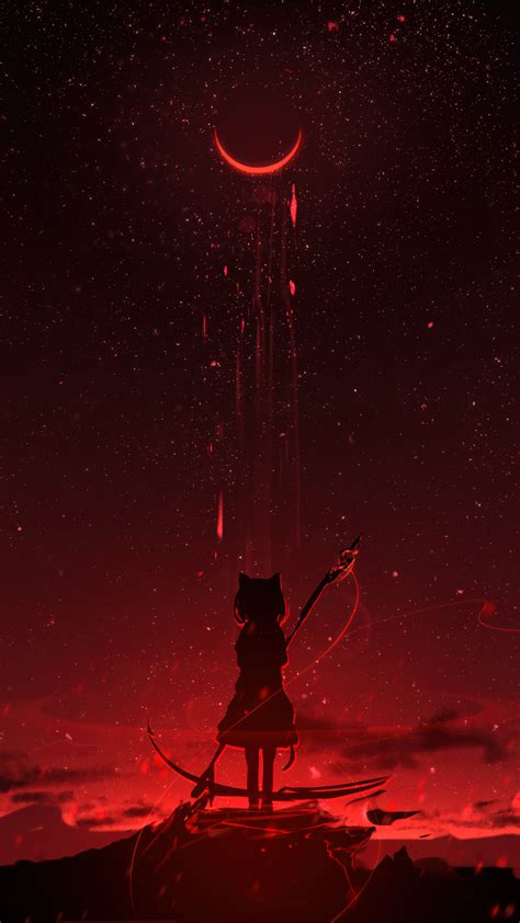 Blood Moon Scenery Anime Girl 4K #3520h Wallpaper iPhone Phone