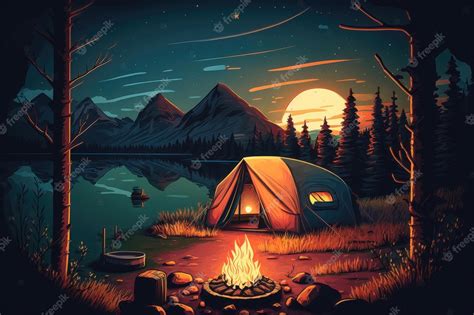 🔥 Download Premium Photo Summer Night Camp With Tent Campfire Trees ...