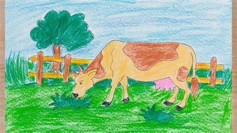 How To Draw Cow Eating Grass In The Field | Kids Drawing - YouTube