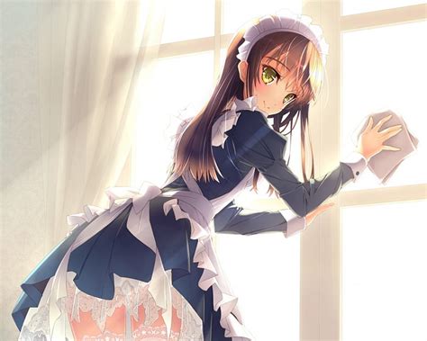 Maid, pretty, dress, glow curtain, sweet, nice, anime, anime girl ...