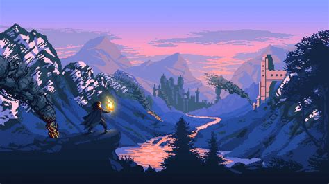 mountains digital art fantasy art pixel art castle wilderness Alps ...